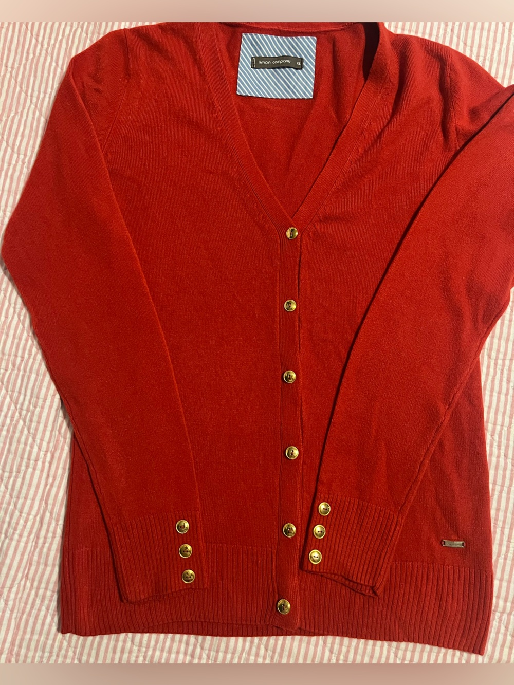 Red Women's V-Neck Button Cardigan Sweater - Picture 6 of 6
